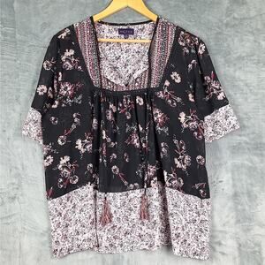 Black Floral Mixed-Print Peasant Blouse